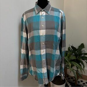 Men's Checkered Button-Down Shirt - Teal and Gray